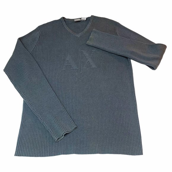 ARMANI EXCHANGE‎ Midnight Blue Ribbed Knit Logo V Neck Long Sleeve Sweater - Picture 8 of 11